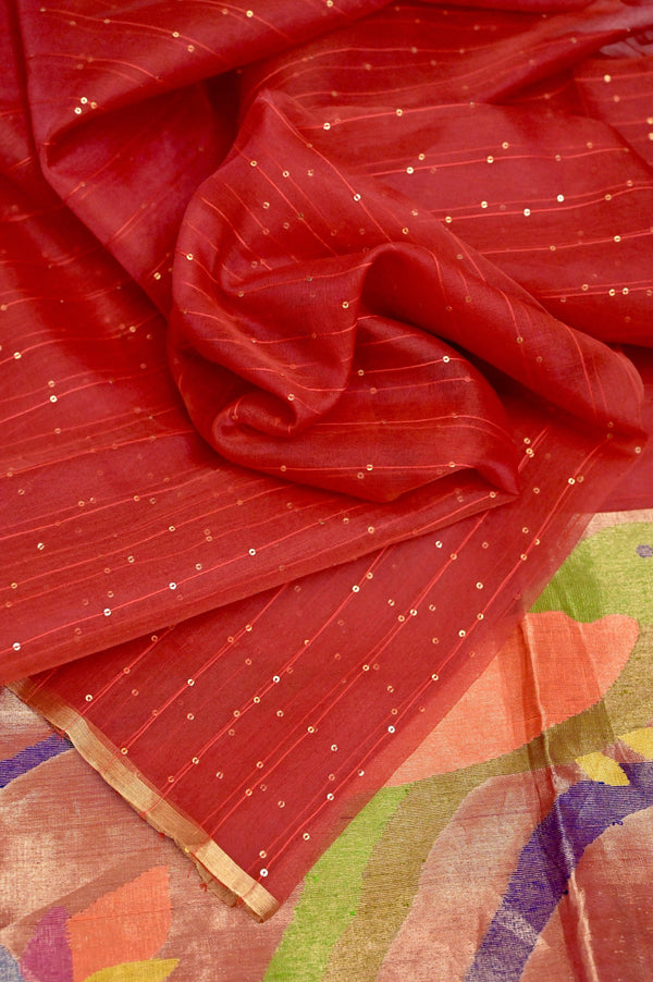 Red Color Muslin Saree with Paithani Pallu and Sequin Work