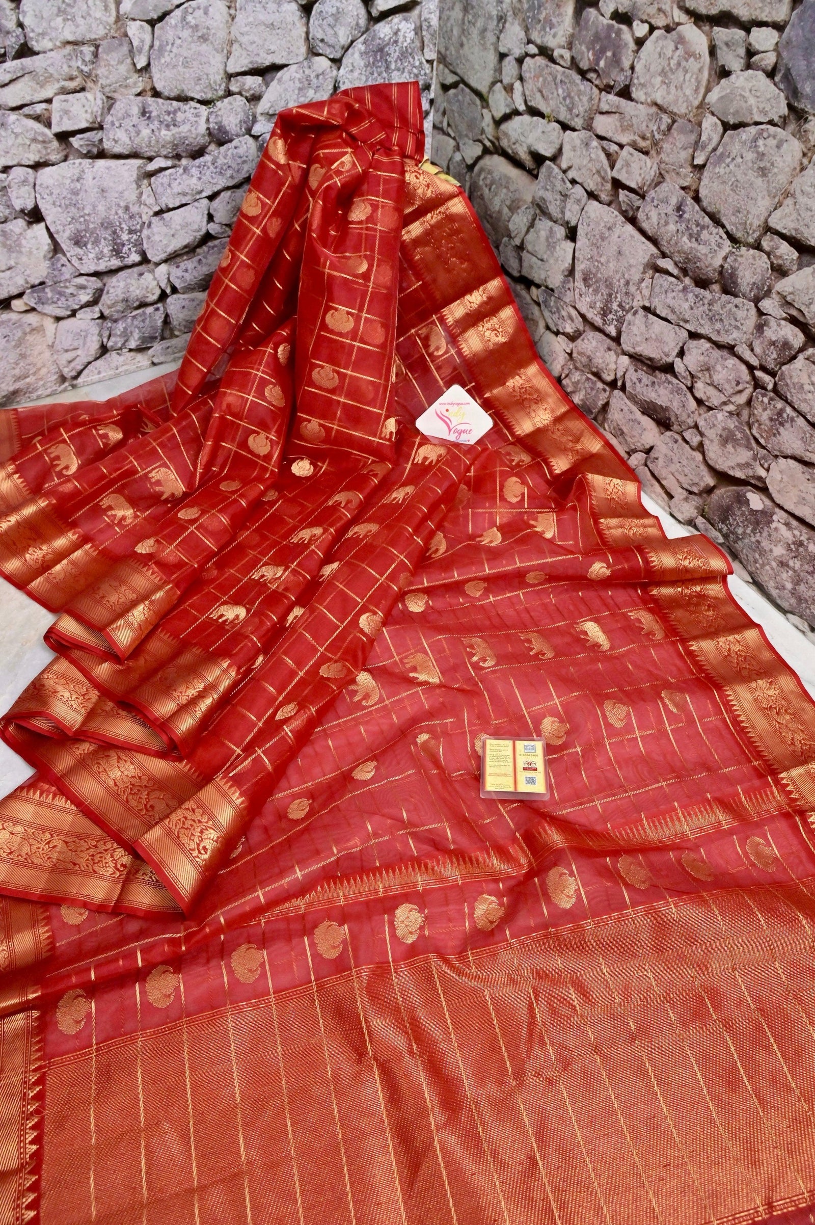 Red Color Pure Chanderi Banarasi Saree with Allover Checks and Zari Work