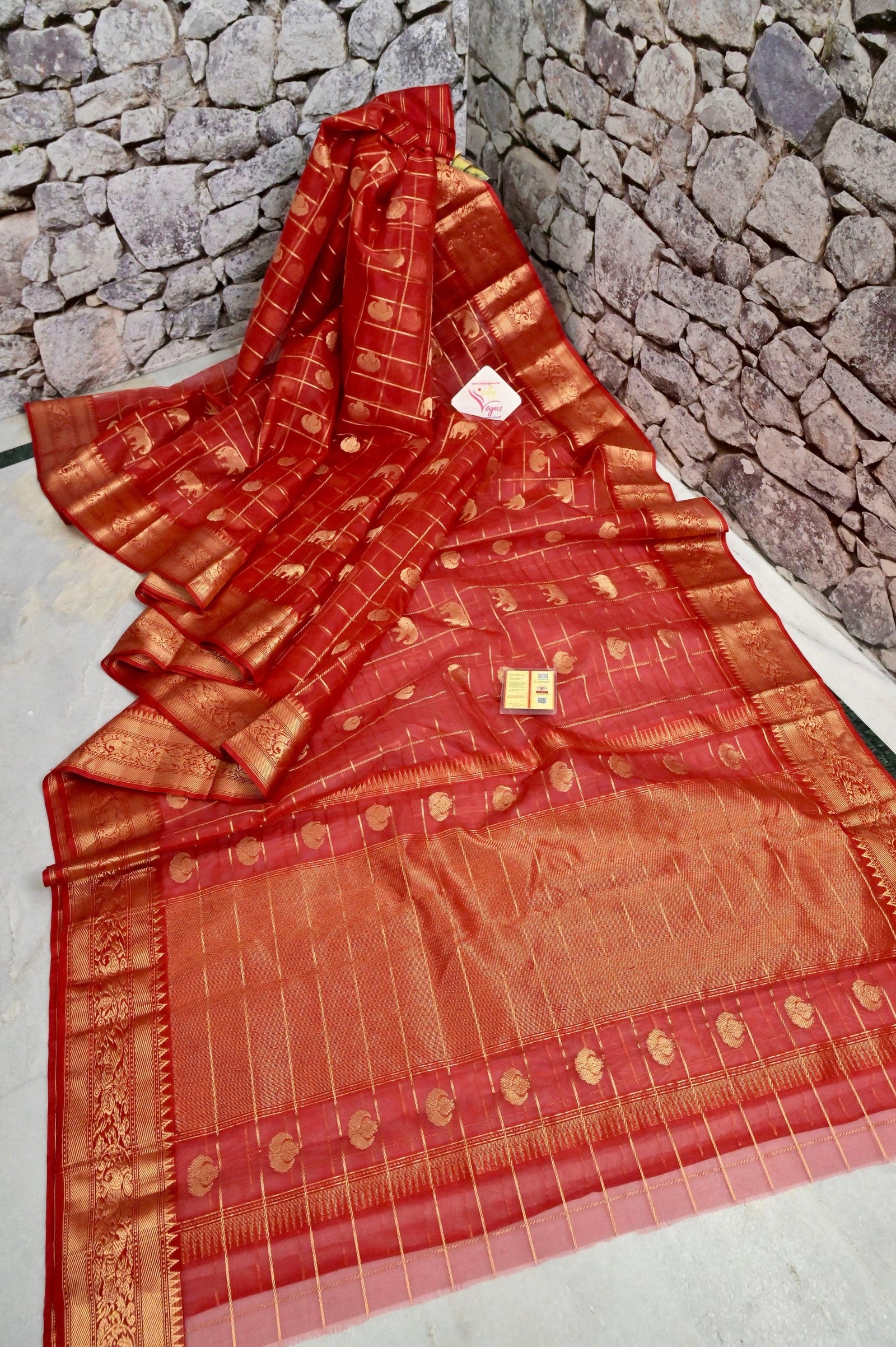Red Color Pure Chanderi Banarasi Saree with Allover Checks and Zari Work