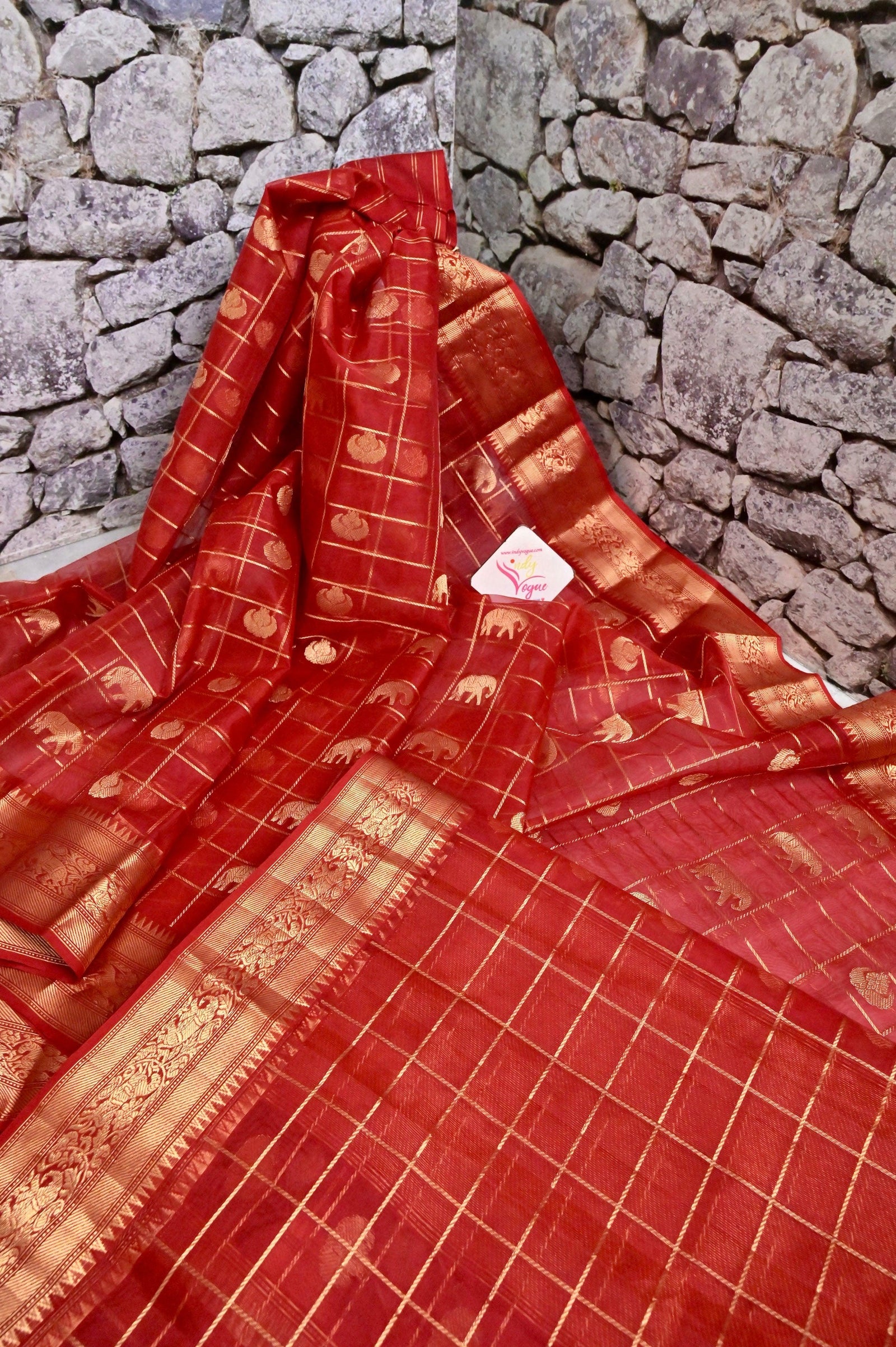 Red Color Pure Chanderi Banarasi Saree with Allover Checks and Zari Work