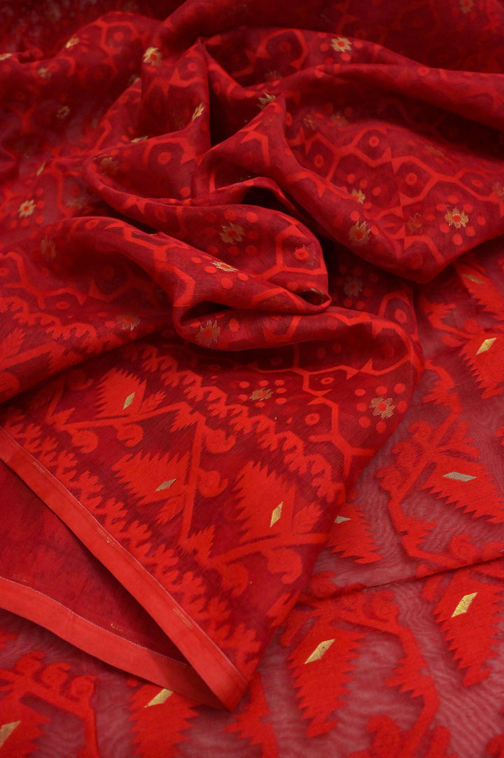 Red Color Pure Jamdani Saree with Blouse Piece
