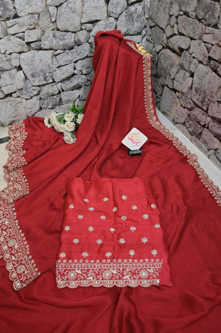 Red Color Russian Silk Saree with Hand Crafted Zardozi Embroidery