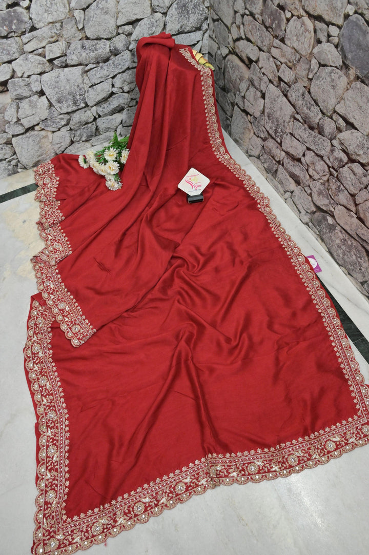 Red Color Russian Silk Saree with Hand Crafted Zardozi Embroidery
