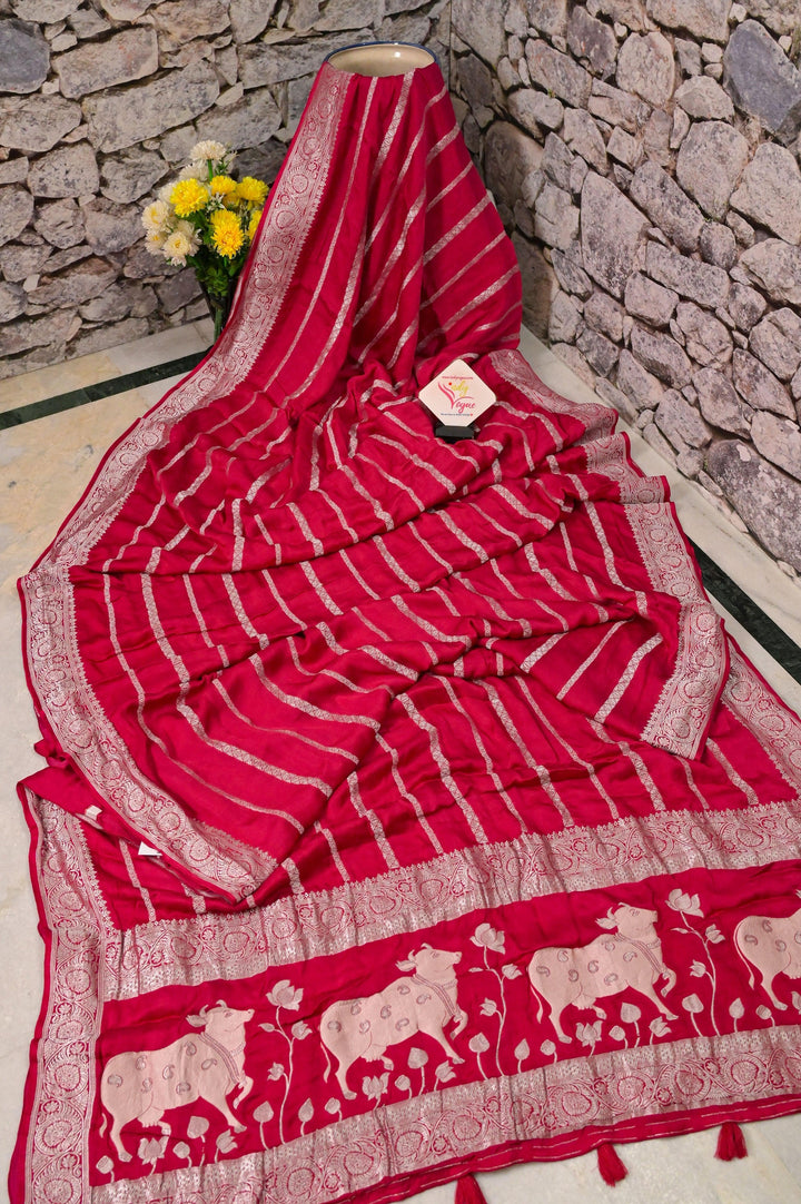 Red Color Satin Silk Banarasi Saree with Silver Zari Work