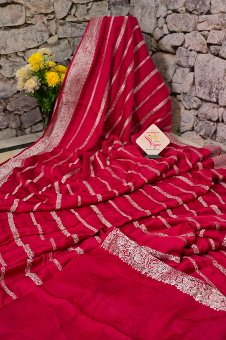 Red Color Satin Silk Banarasi Saree with Silver Zari Work