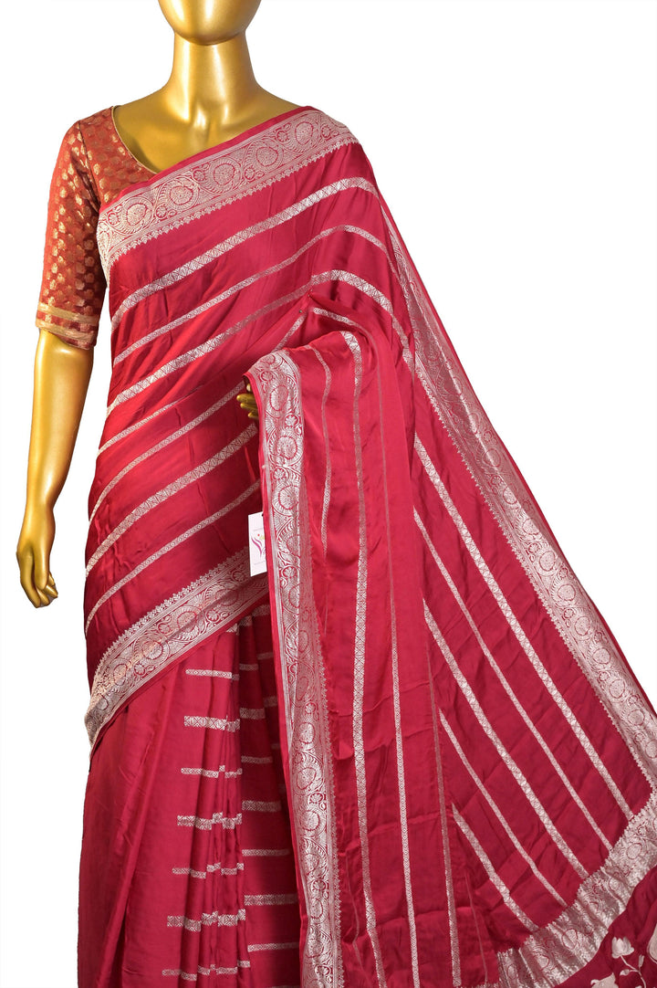 Red Color Satin Silk Banarasi Saree with Silver Zari Work