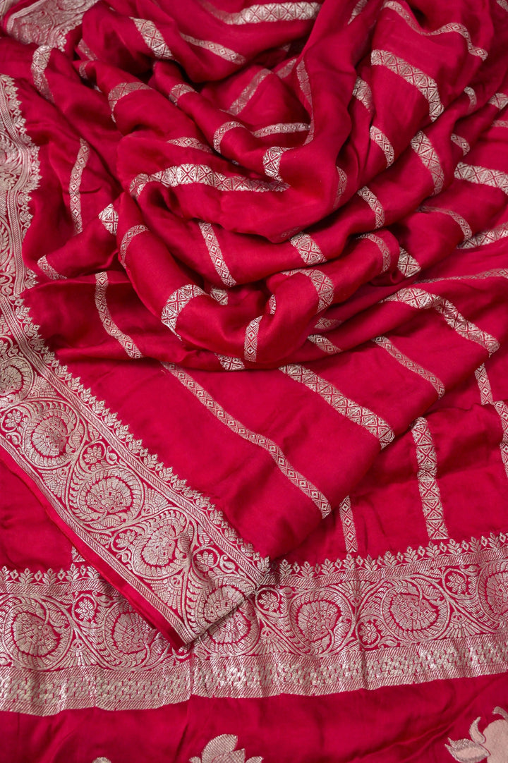 Red Color Satin Silk Banarasi Saree with Silver Zari Work