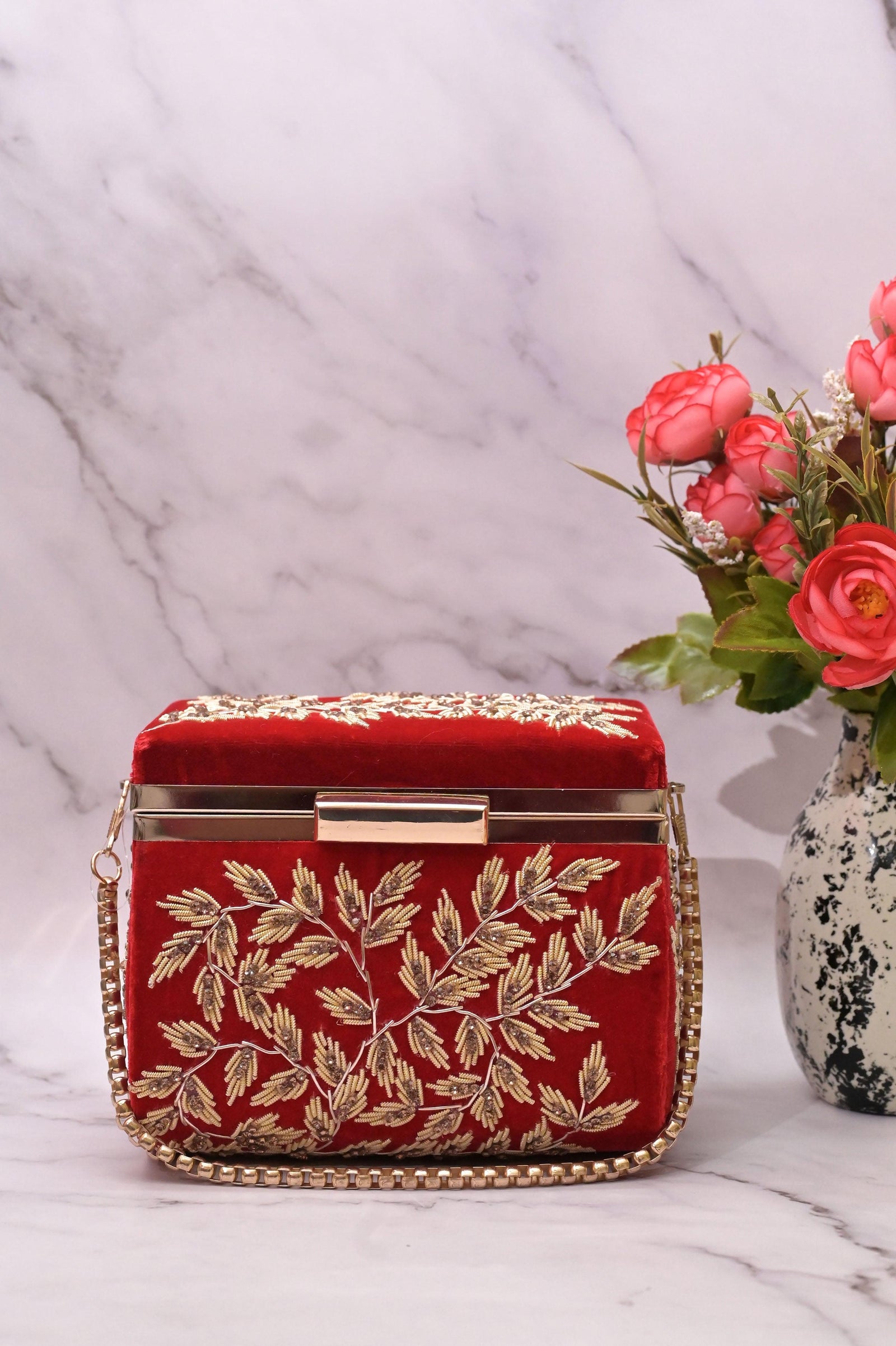 Red Color Velvet Box Clutch Bag with Hand Zardosi Work