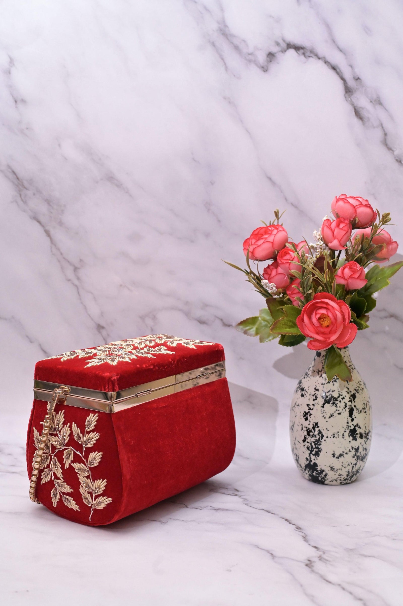 Red Color Velvet Box Clutch Bag with Hand Zardosi Work