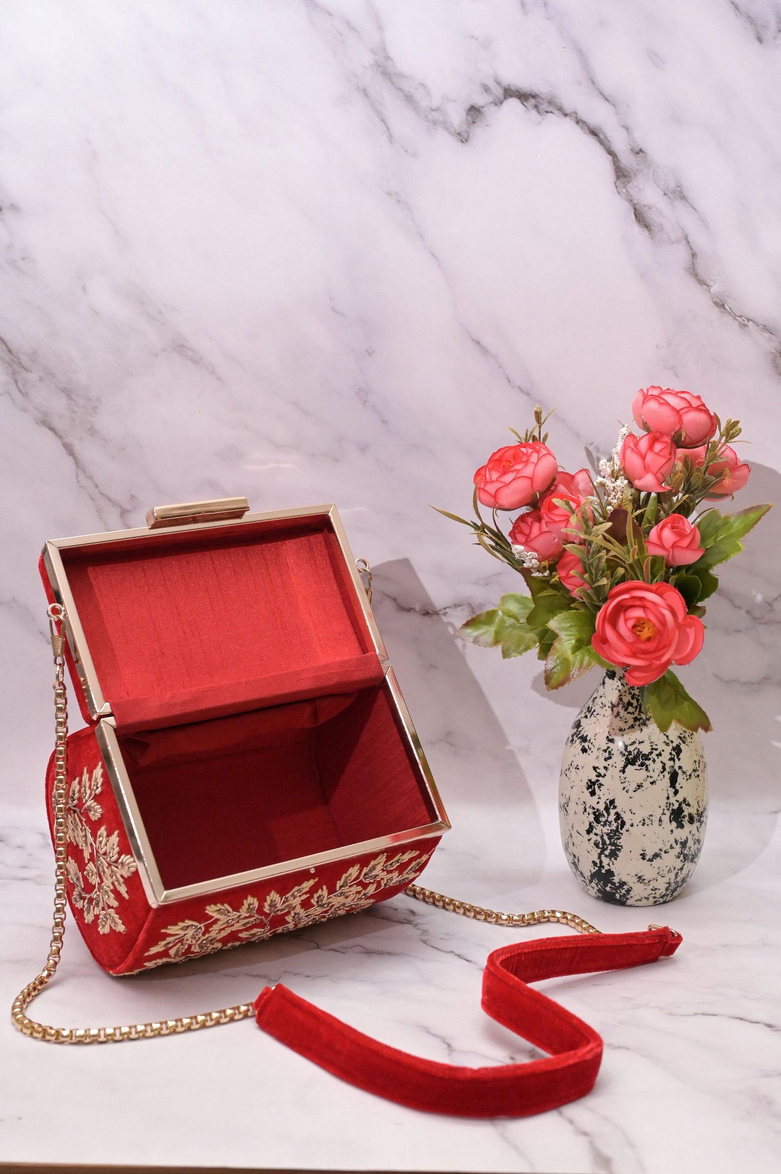 Red Color Velvet Box Clutch Bag with Hand Zardosi Work