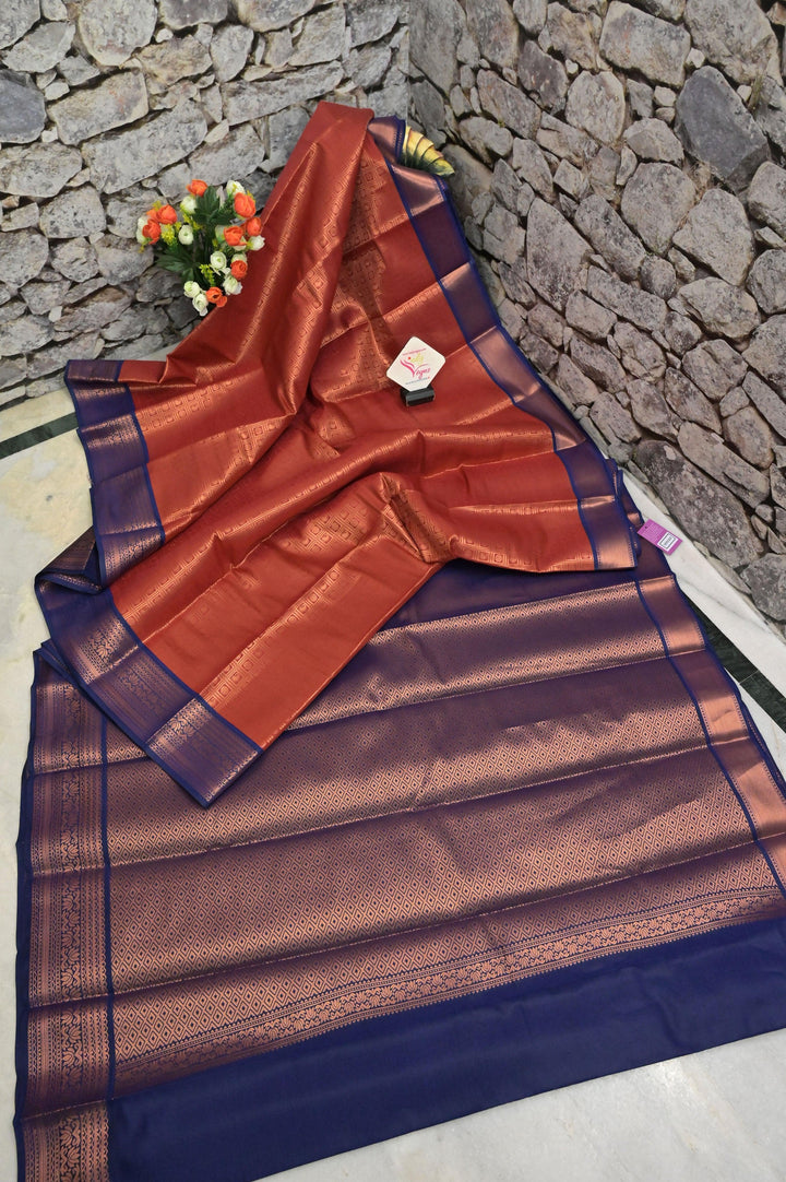 Red Golden Color Brocade South Silk Saree with Copper Zari Check Work Pattern