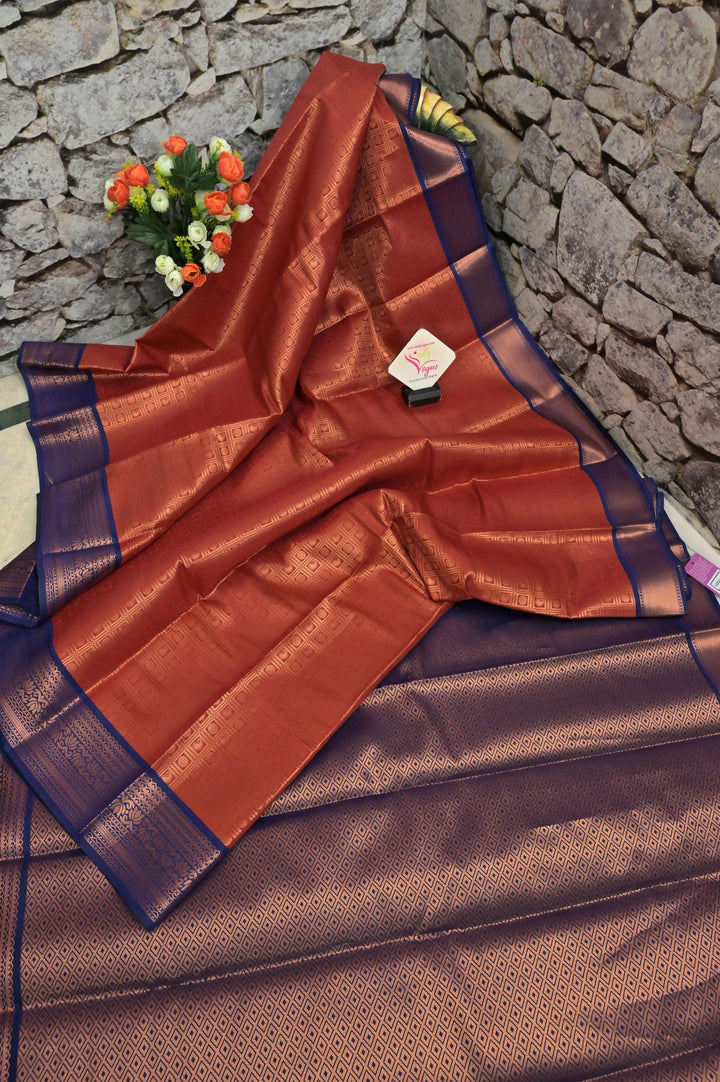 Red Golden Color Brocade South Silk Saree with Copper Zari Check Work Pattern