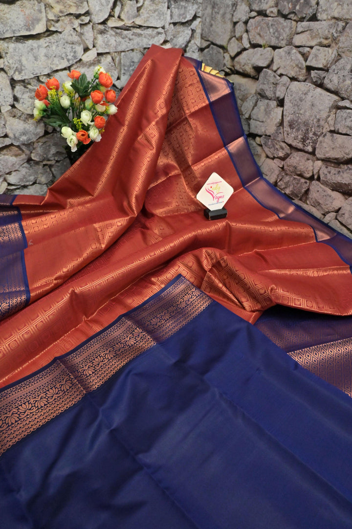 Red Golden Color Brocade South Silk Saree with Copper Zari Check Work Pattern