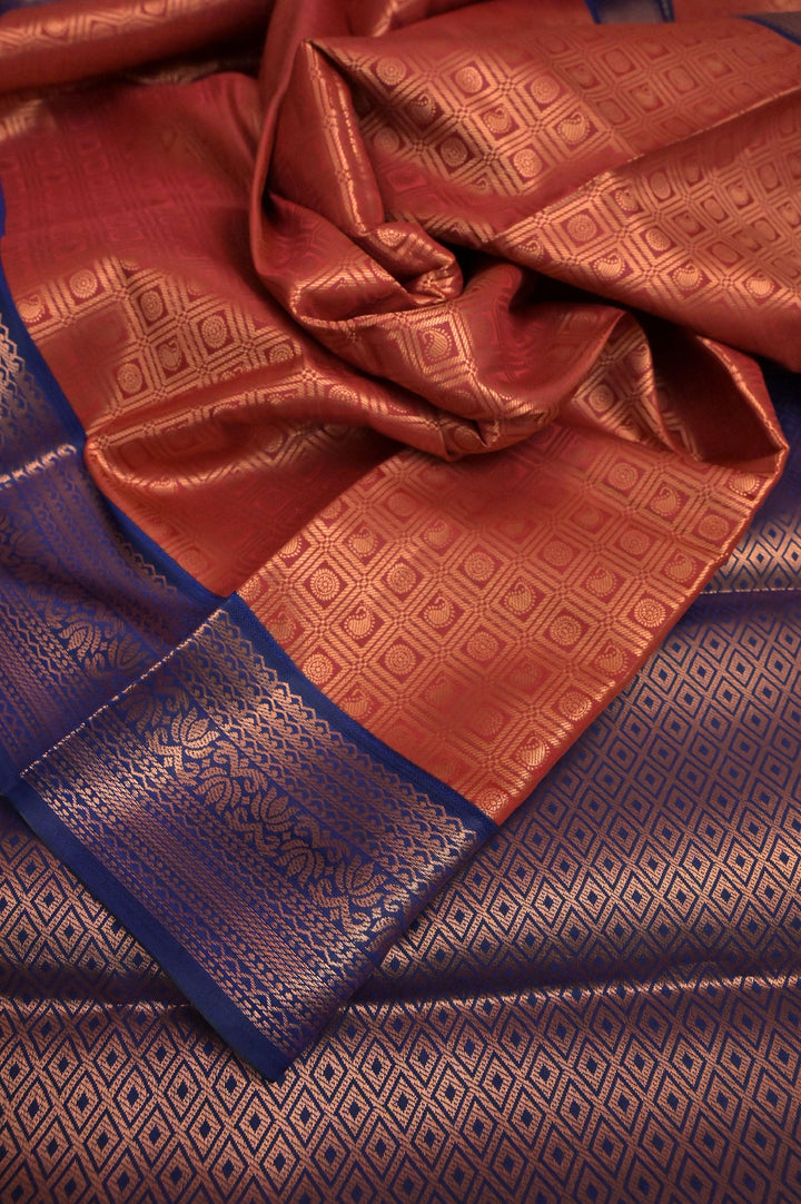 Red Golden Color Brocade South Silk Saree with Copper Zari Check Work Pattern