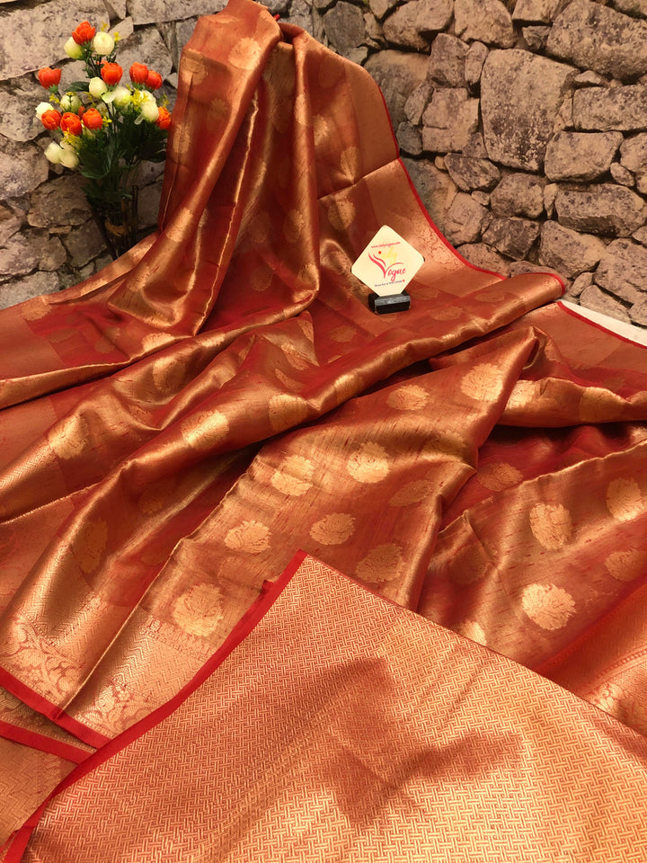 Red Golden Color Tissue Banarasi Saree with Zari Work