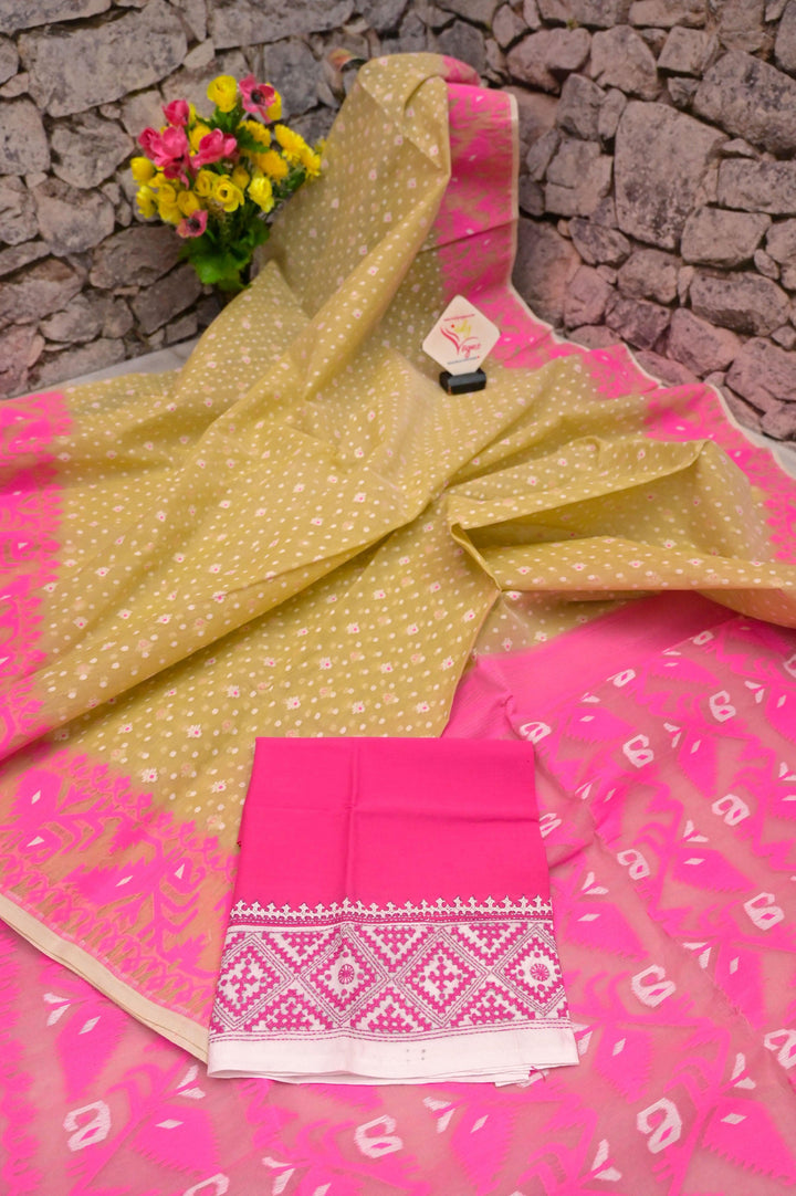 Roasted Pista Color Jamdani Saree with Hand Embroidered Blouse Piece