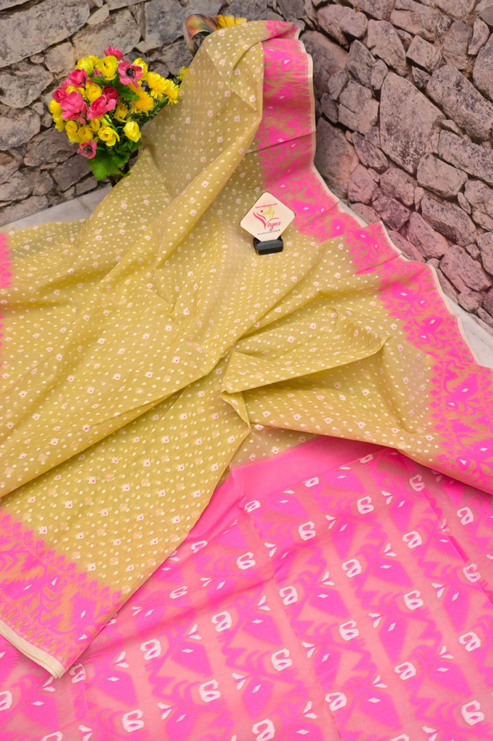 Roasted Pista Color Jamdani Saree with Hand Embroidered Blouse Piece
