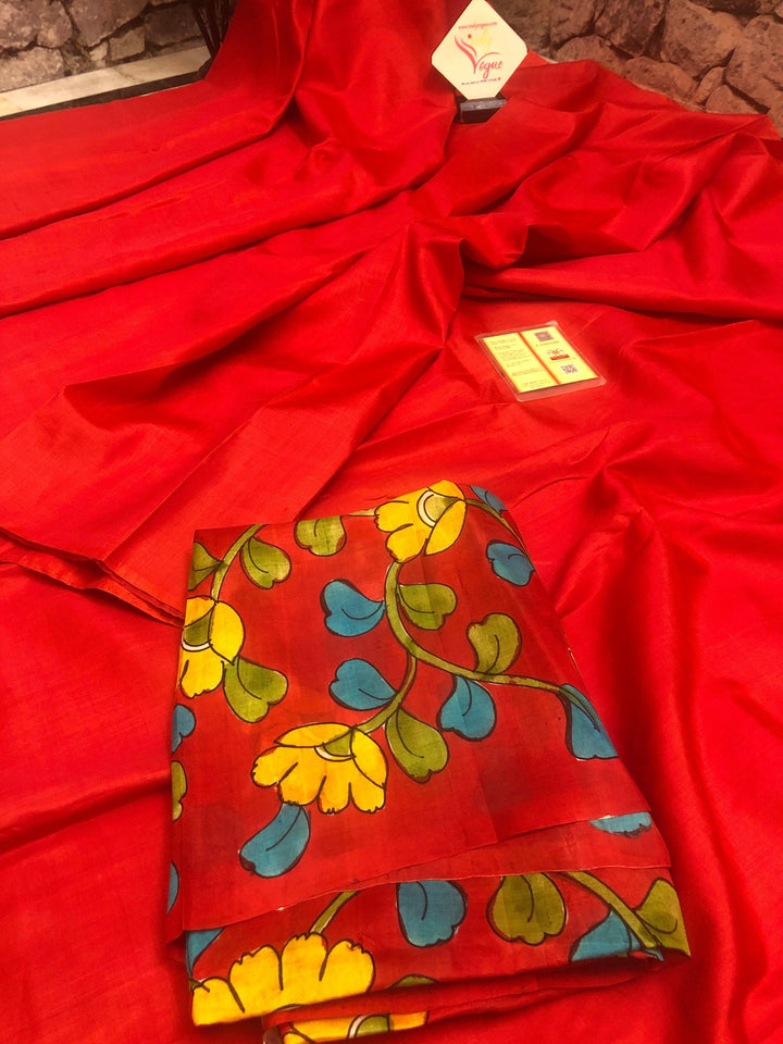 Rose Red Color Pure Bishnupur Silk Saree with Hand Painted Kalamakari Blouse