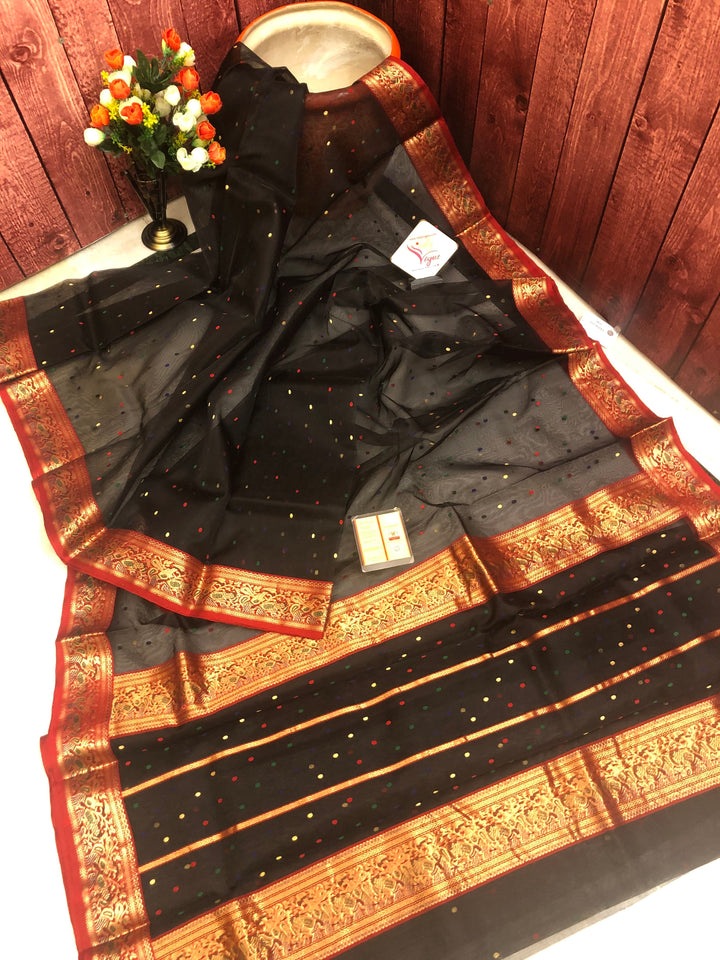 Royal Black Color Chanderi Banarasi Saree with All Over Butti