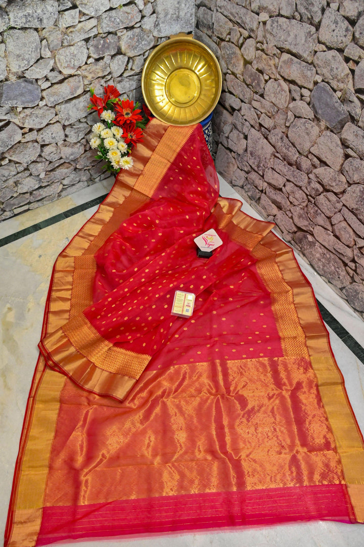 Royal Red Color Chanderi Banarasi Silk Saree with Zari Buti Work