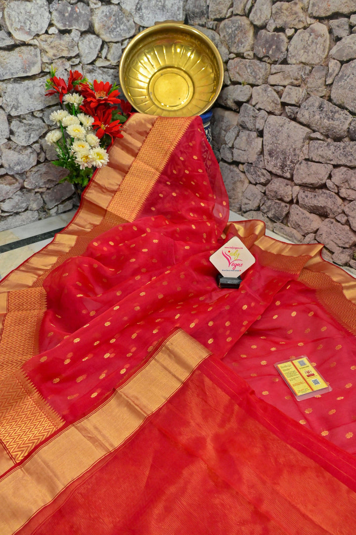 Royal Red Color Chanderi Banarasi Silk Saree with Zari Buti Work