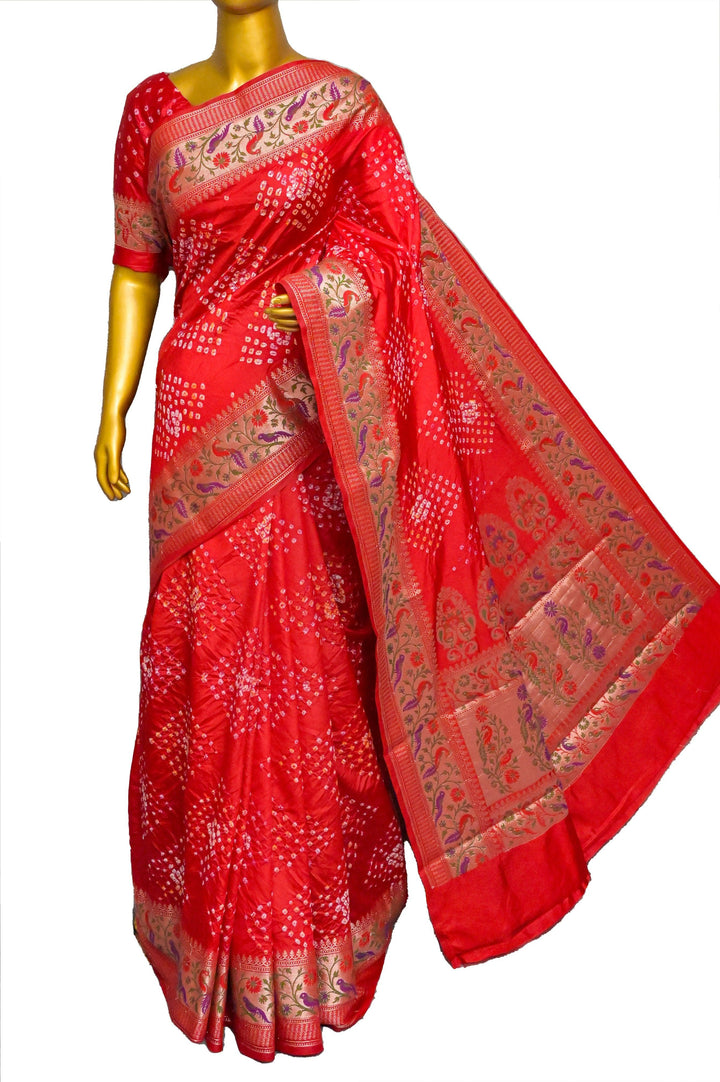 Royal Red Color Dupion Silk Saree with Hand Bandhani and Paithani Design