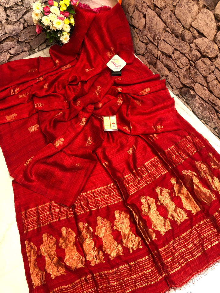 Royal Red Color Matka Handloom Saree with Baluchari Design Allover