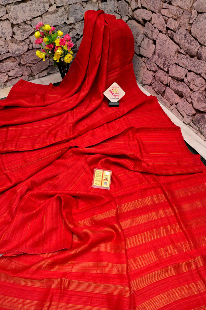 Royal Red Color Matka Silk Saree with Zari Work Stripes