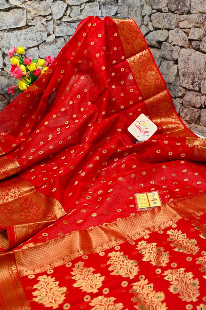 Royal Red Color Pure Chanderi Banarasi Silk Saree with Meenakari Work