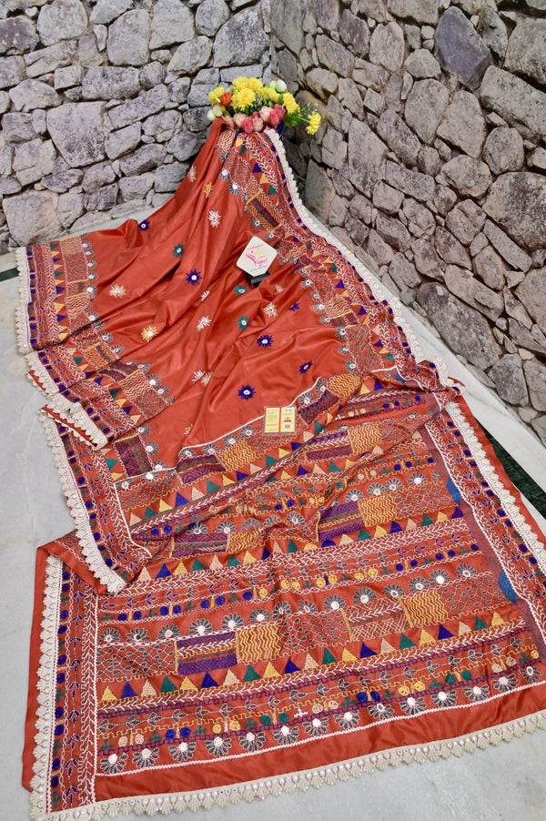 Rust Color Bangalore Silk Saree with Hand Lambani Embroidery and Lace Border