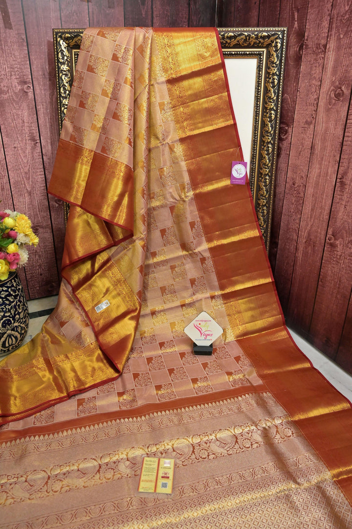 Rust Golden and Offwhite Color Tissue Kanjeevaram Silk Saree with Box Design