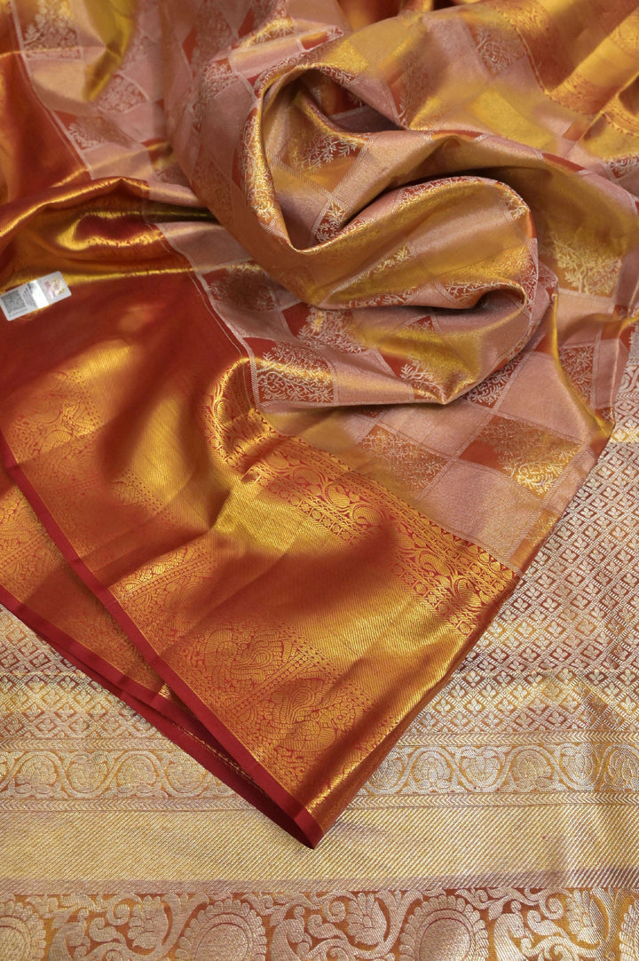 Rust Golden and Offwhite Color Tissue Kanjeevaram Silk Saree with Box Design
