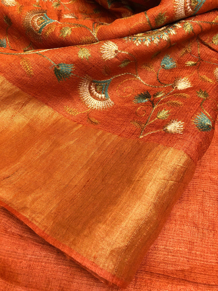 Rust Orange Color Pure Tussar Silk Saree with Allover Embroidery