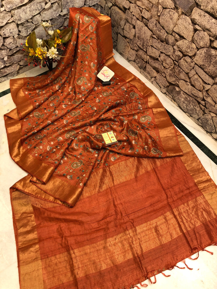 Rust Orange Color Pure Tussar Silk Saree with Allover Embroidery