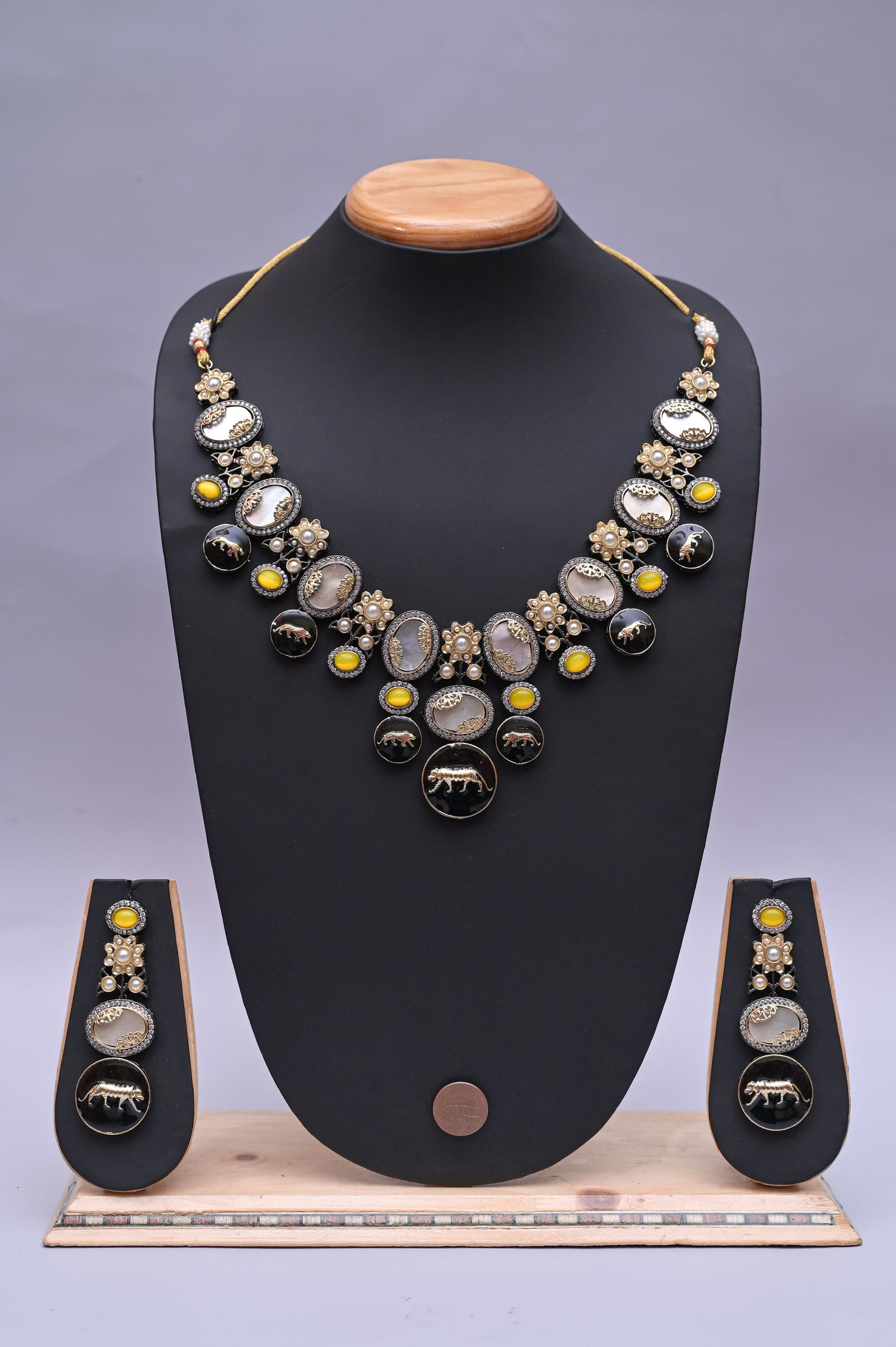 Sabyasachi Inspired Collar Style Necklace Set with Monalisa Stone Work and Mother Pearl
