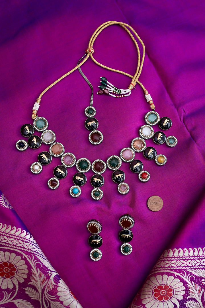 Sabyasachi Inspired Monalisa Stone Work Multicolored Collar Necklace Set