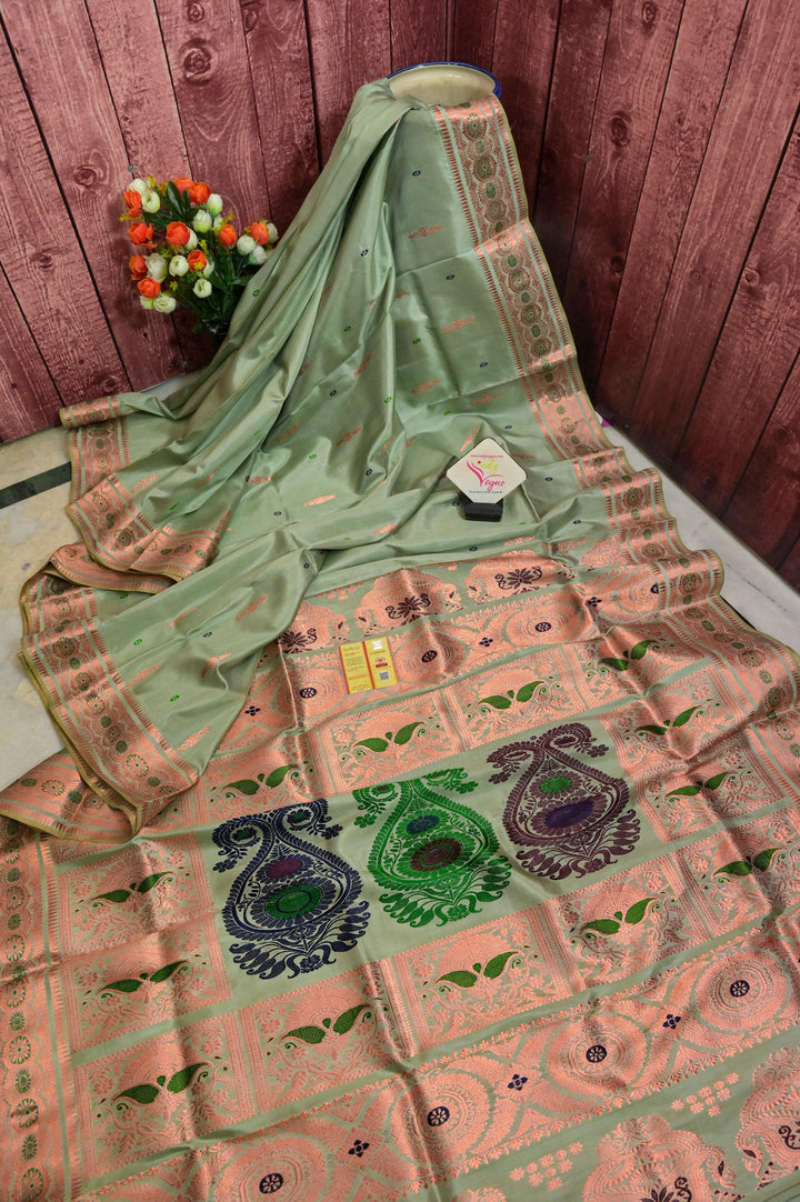 Sage Green Color Revival Baluchari Saree with Copper Zari Work