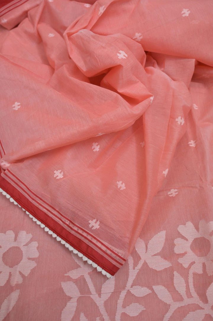 Salmon Color Jamdani Saree with Piping and Lace Work