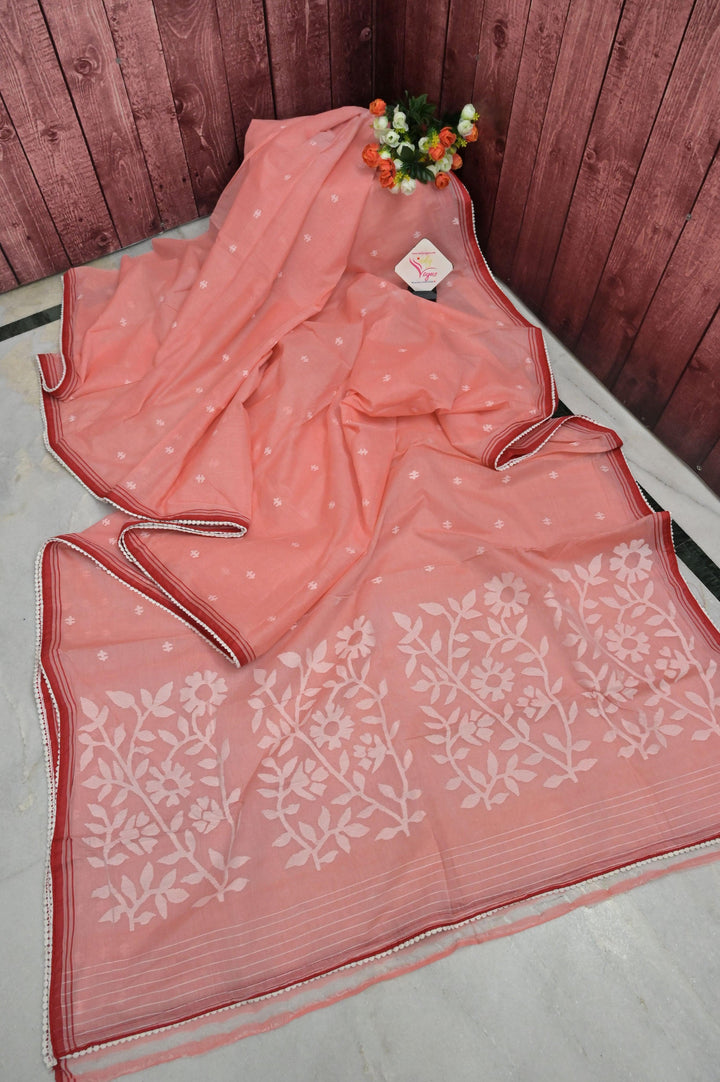 Salmon Color Jamdani Saree with Piping and Lace Work