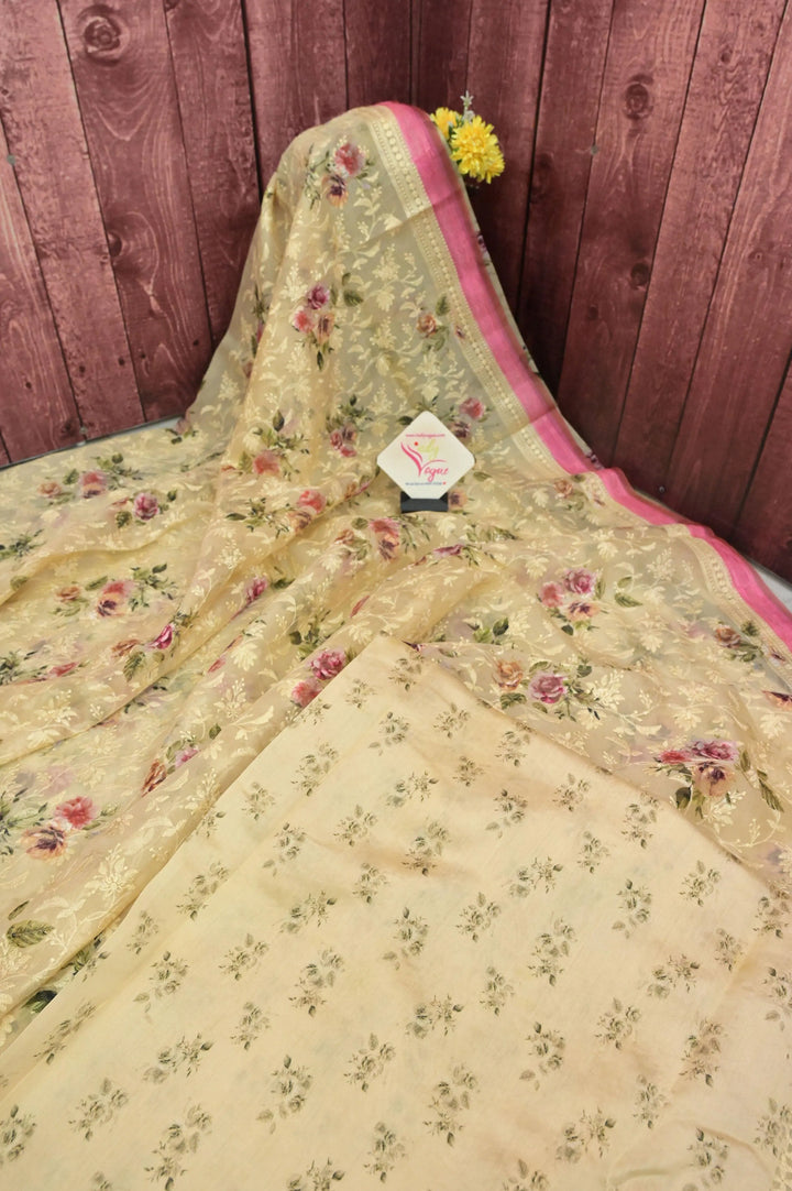 Sandal and Pink Color Organza Saree with Digital Print and Chikankari Embroidery