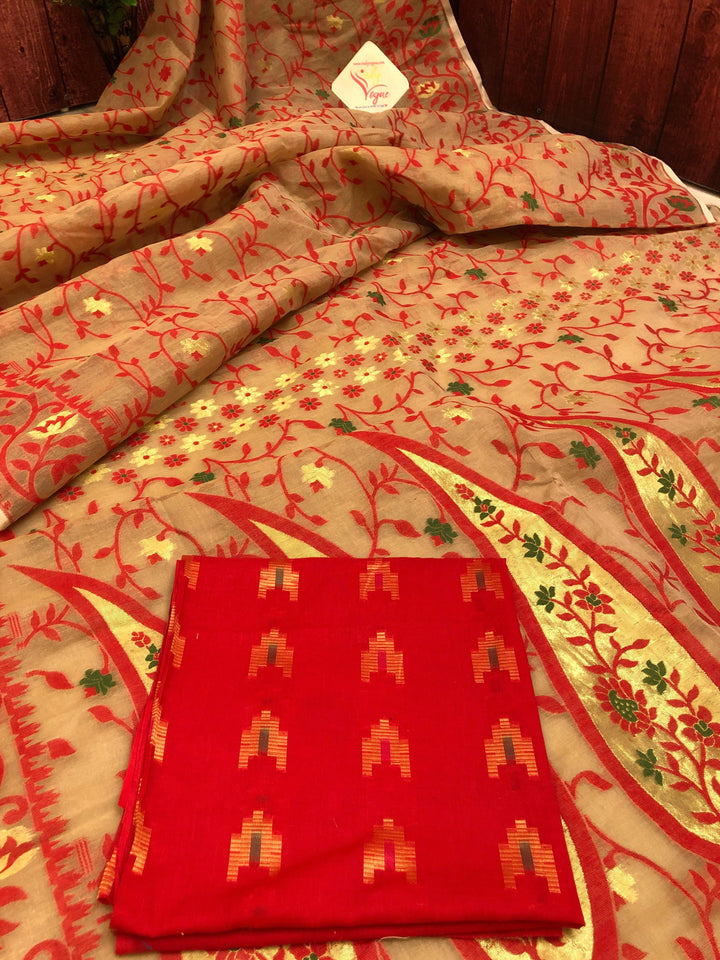 Sandal and Red Color Jamdani Saree