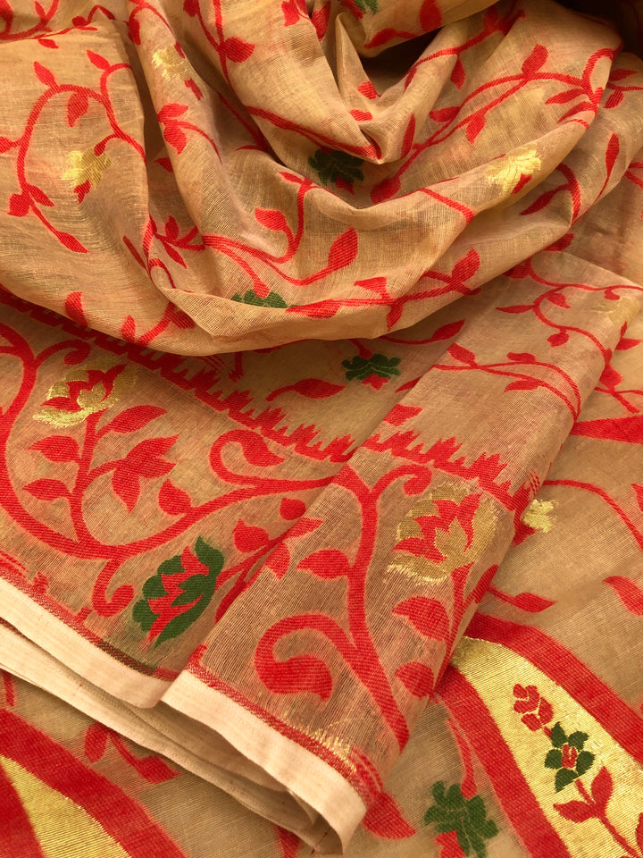 Sandal and Red Color Jamdani Saree