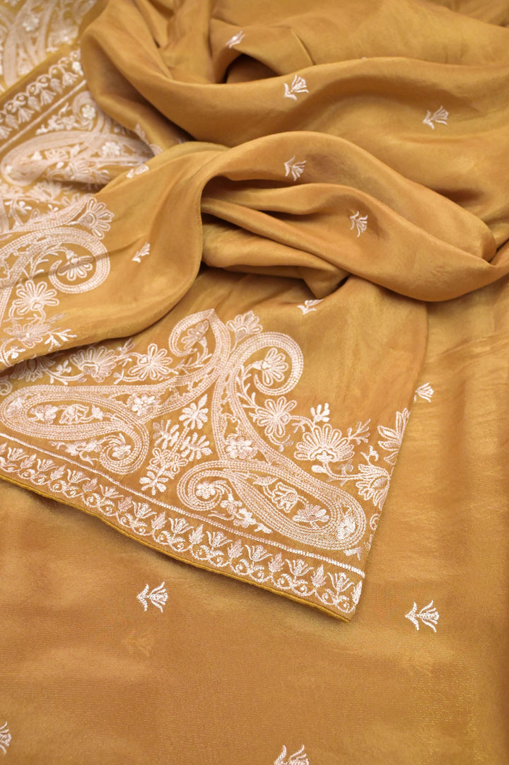 Sandal Yellow Color Chinon Silk with Piping Border and Machine Embroidery Work