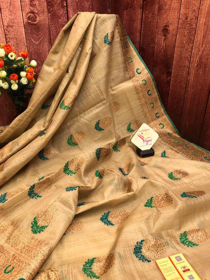 Sandalwood Color Pure Tussar Banarasi Silk Saree with Meenakari Work