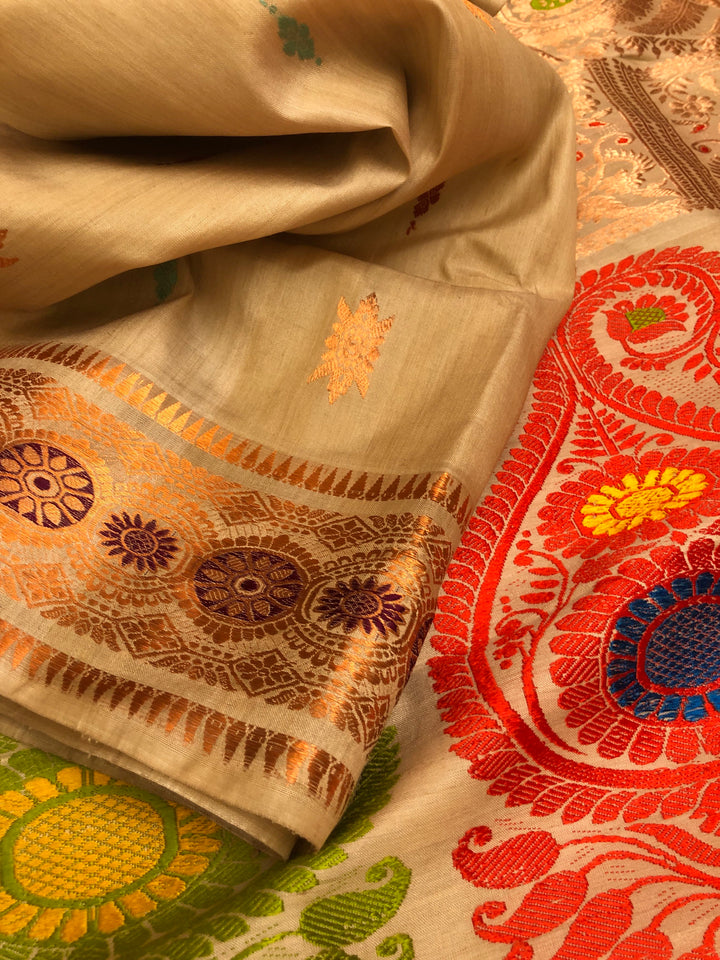Sandalwood Color Revival Tussar Baluchari Silk Saree with Meenakari Work