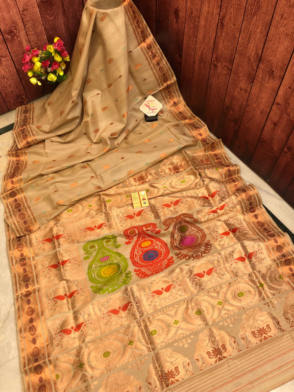 Sandalwood Color Revival Tussar Baluchari Silk Saree with Meenakari Work