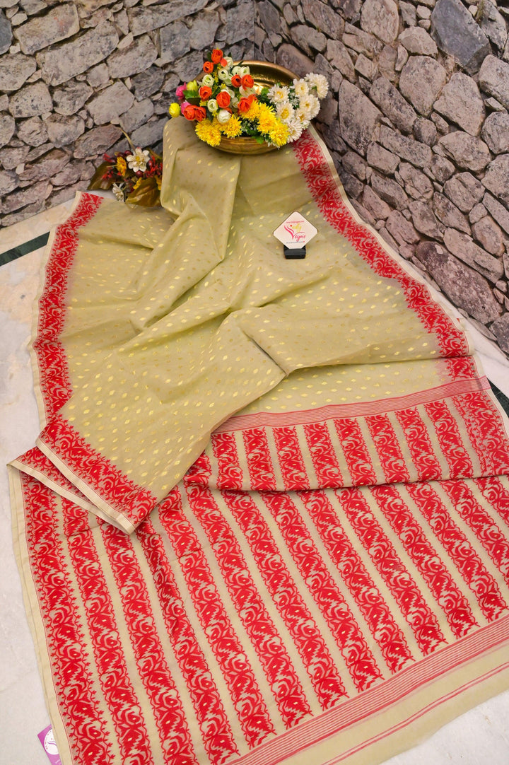 Sandy Cement Color Jamdani Saree with Cotton Embroidered Blouse Piece