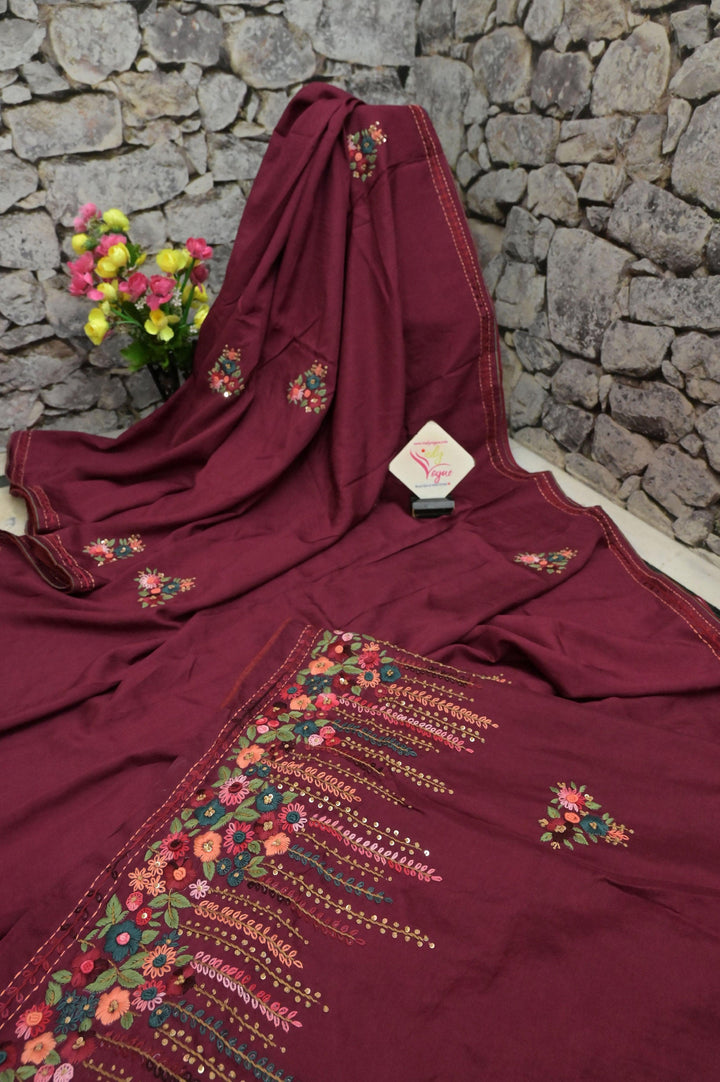 Sangria Color Chanderi Saree with Hand Embroidery and Bullion Piping Border
