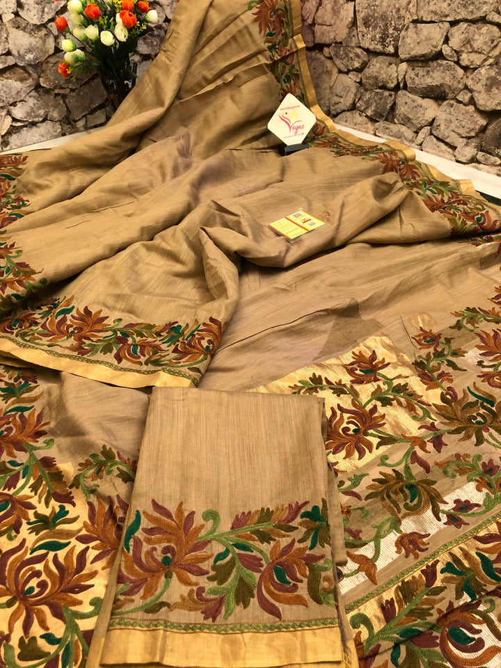 Sap Green Color Pure Muga Tussar Designer Saree with Embroidery