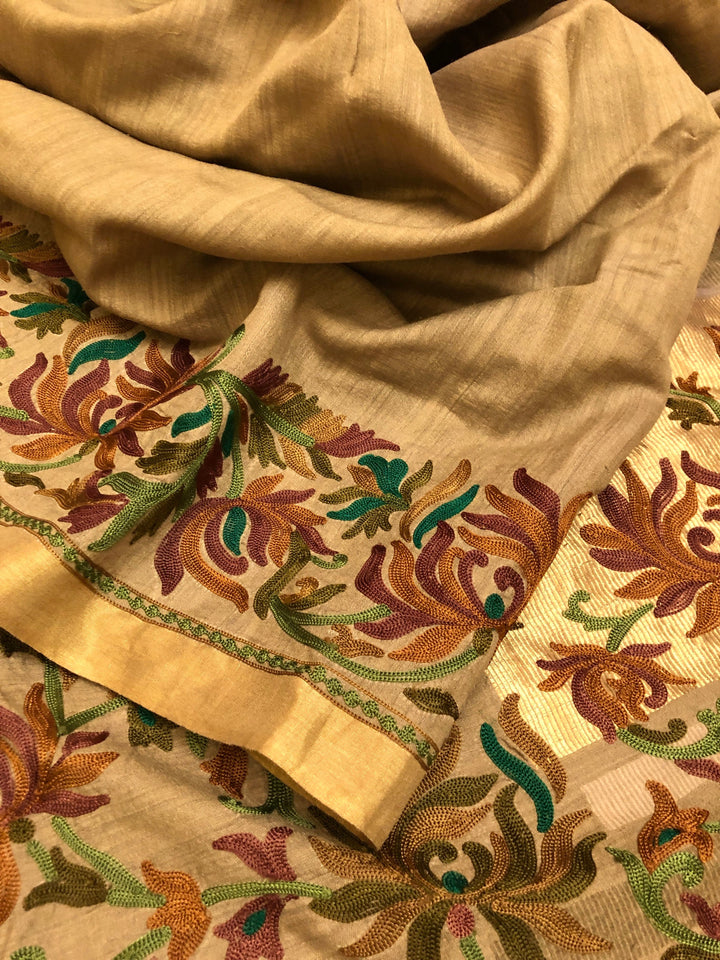 Sap Green Color Pure Muga Tussar Designer Saree with Embroidery